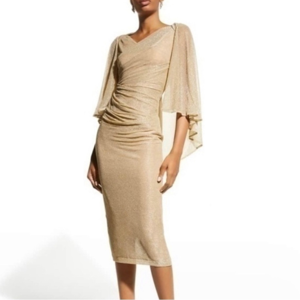Talbot Runhof Doris Draped cape metallic sheer gold gown size 2